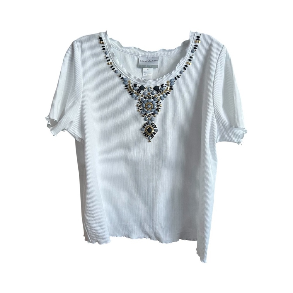 Alfred Dunner ribbed White Beaded Short Sleeve Tee